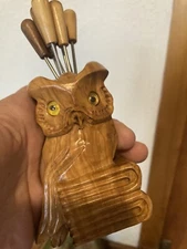 Vintage Carved Wood Owl Fondue Set 