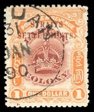 Straits Settlements 1907 KEVII $1 claret & orange fine used in Labuan. SG 151.