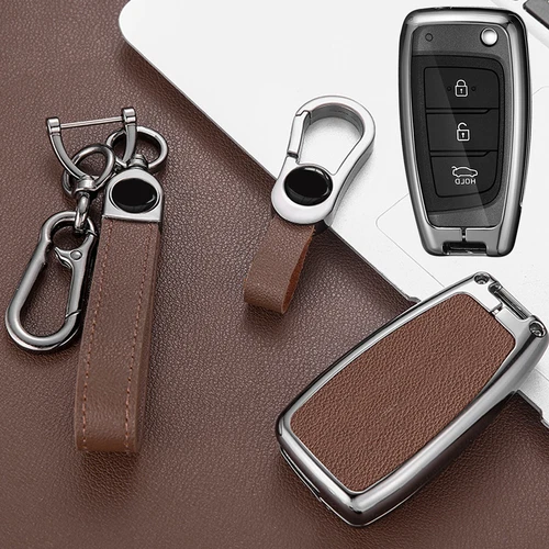 For Hyundai Accent Kona Sonata i30 Zinc Alloy Leather Remote Key Fob Case Cover - Foto 9 di 20