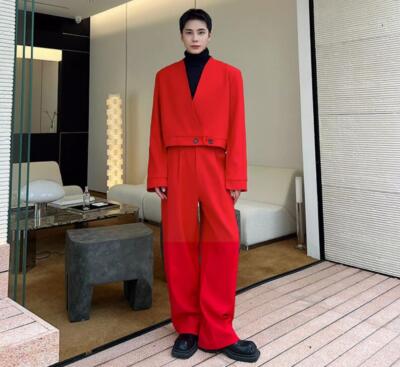 Men's Autumn Fashion Retro Casual Loose Red Suit Pants Youth Party Trousers