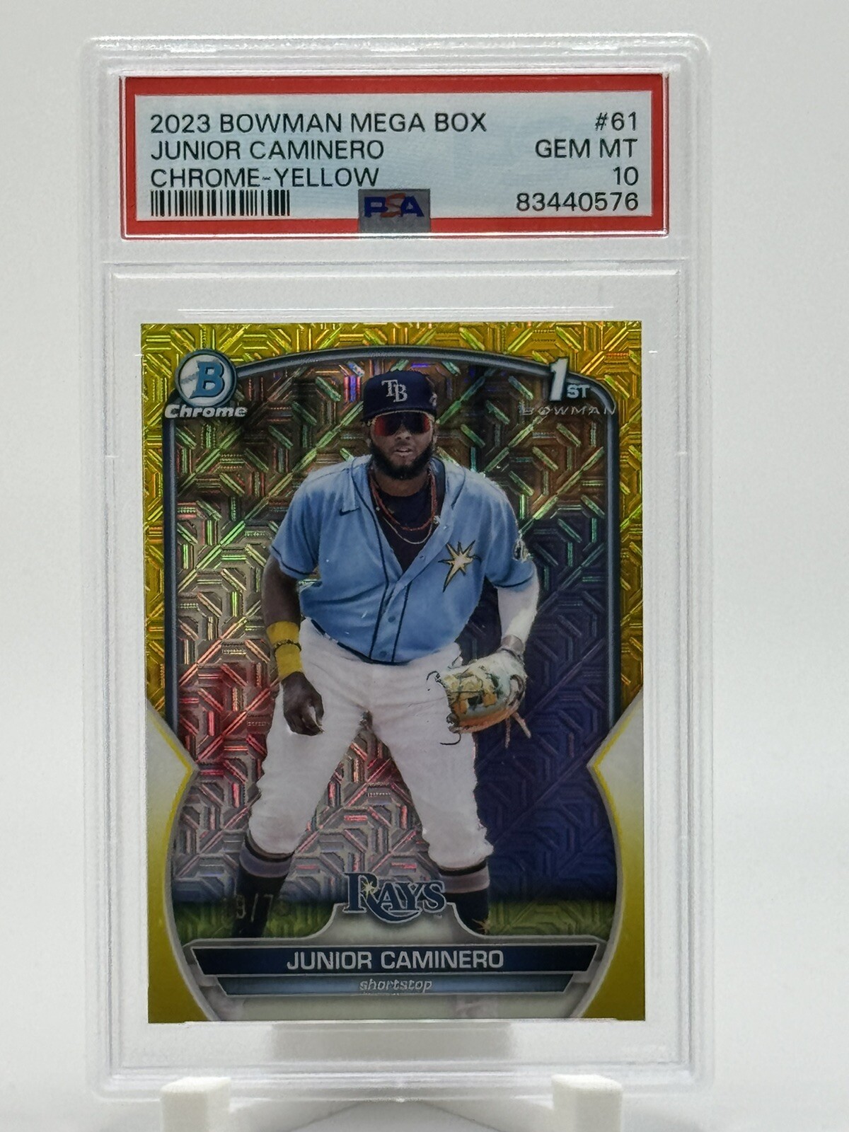 2023 Bowman BCP-61 Chrome Junior Caminero 1st Mega Mojo Yellow /75 PSA 10 Rays