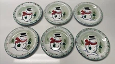 RARE Linens N Things Snowman Salad Plates (6) Green Speckled Rim (READ)