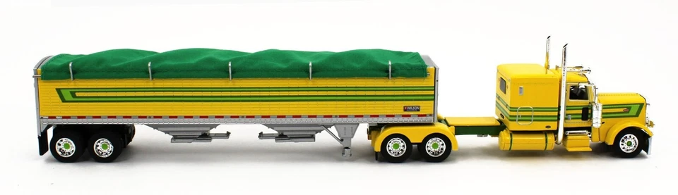 2023 DCP 1:64 *YELLOW & GREEN* Peterbilt 389 63" Flattop w/WILSON GRAIN TRAILER - Image 3 of 4