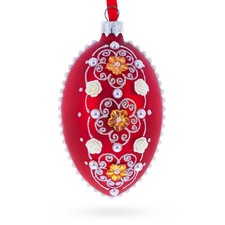 Jeweled Flowers on Red Glass Egg Ornament 4 Inches