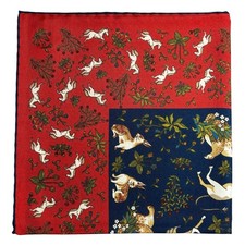 Navy Blue Red Unicorn Motif Ancient Madder Silk Pocket Square Hand-Rolled