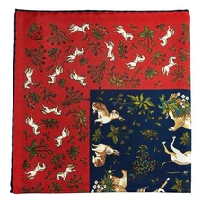 Navy Blue & Red Unicorn Motif Ancient Madder Silk Pocket Square (Hand-Rolled)