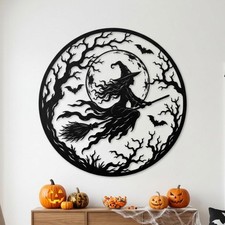 Halloween Witch Metal Sign Flying Witch Full Moon Wall Art Spooky Home Decor