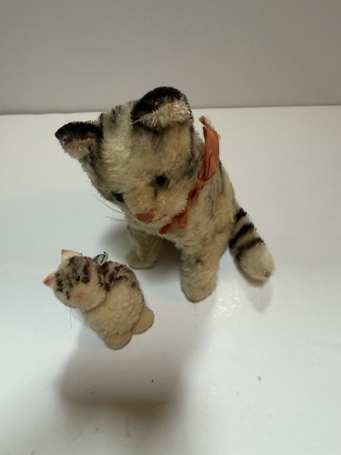 Vintage Steiff Susi Tabby Cat & Mini Wool Pom Pom Kitten Lot Original Bows