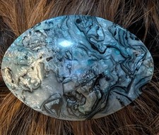 VTG France Large Oval Barrette Blue Marbled Acetate Hair Clip French Statement