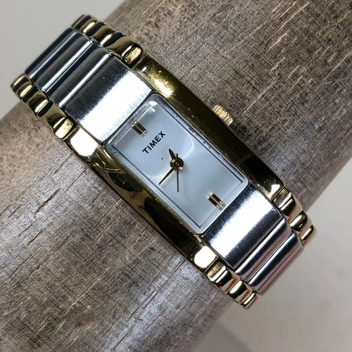 Vintage Timex Women Bracelet Two Tone Rectangular Quartz 18mm Watch 6 1/2"