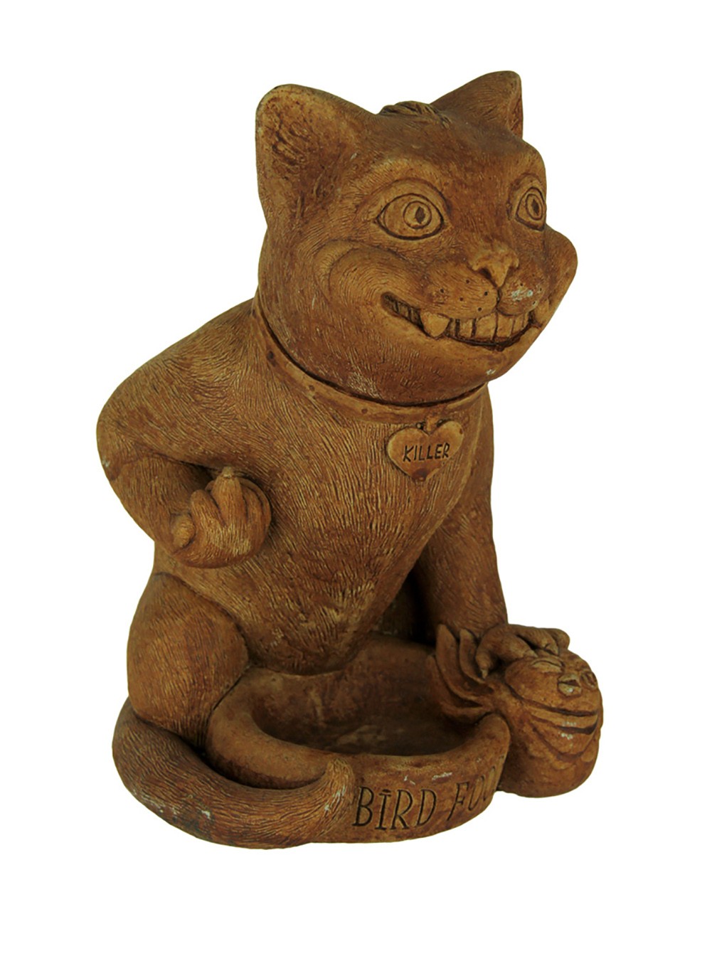 DESIGNER Stone Rude Killer Kitten Rustic Brown Concrete Bird Feeder Statue  