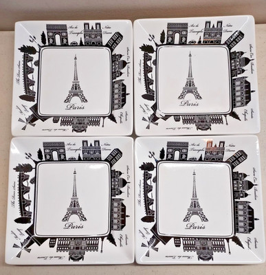 222 Fifth City Block Appetizer Plates Set of 4 Paris Eiffel Tower 5 3/8 Square