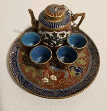 Vintage Chinese Hand-Painted Cloisonne Miniature Teapot 4 Cups And Tray Set
