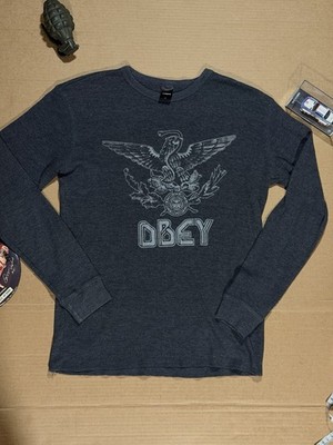 OBEY Gray/Black Graphic Logo Waffle Knitted Crew Neck Long Sleeve T-Shirt Mens L