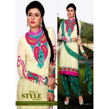 CREAM JAQRD COTTON w EMBR INDIAN READYMADE LADIES PATIALA SALWAR KAMEEZ SUIT SNJ