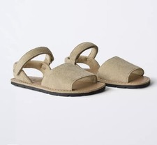 Zara Leather Sandal Kids New Uk 8 Khaki Green Rubber Sole Hook And Loop Strap