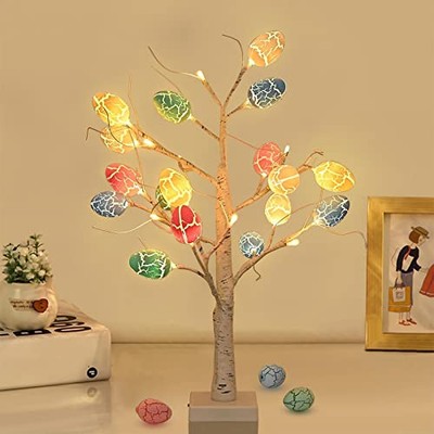 Easter Decorations 24 Inch Pre-lit White Birch Tree with Easter Egg Ornaments, 