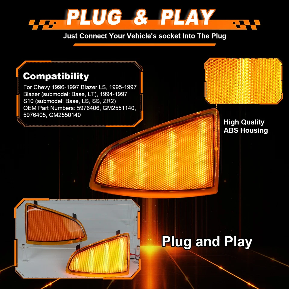 Luces LED de señal de marcador lateral de parachoques delantero ámbar para Chevy S10 94-97 Foto 2 de 4