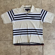 Vintage Phat Farm Men's Striped Polo Shirt Size Large Tan/beige And Navy Blue