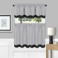 3-Piece Double Layered Window Kitchen Curtain Set Tier Panel Valance, Black