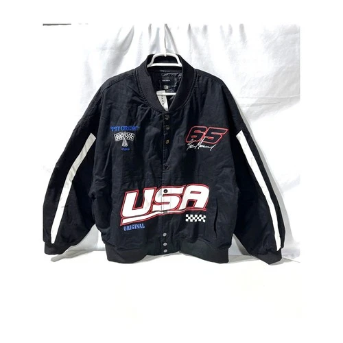 PacSun Bomber Jacket Mens Size XL Black Pit Crew Racing USA Checkered Flag NWT - product listing photo