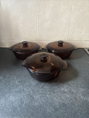 3 x Anchor Hocking 436 Fire King Braunglas 1 Quart Backform Kasserolle Deckel