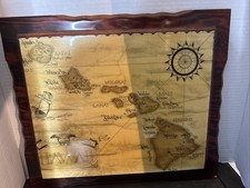 Mappa isole HAWAIANE vintage legno gommalacca fatta a mano accenti oro hawaiano