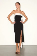 Lulus Fabulous Phenomenon Black and White Strapless Bow Midi Dress Small