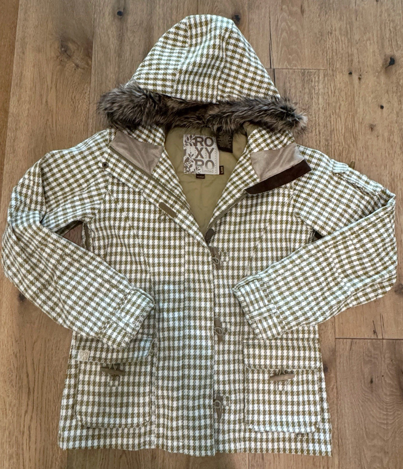 Roxy 5000 Y2K Checkered Snow Ski Jacket Removable Fur Trim Collar MEDIUM EUC