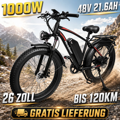 1000W Fatbike Ebike 26Zoll 48V21.6Ah E-Mountainbike 120KM Offroad Elektrofahrrad