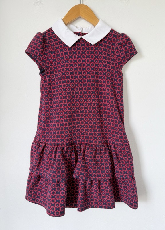 Janie Jack Short Puff Sleeve Cotton Knit Tiered Dress. Peter Pan Collar. Size 6