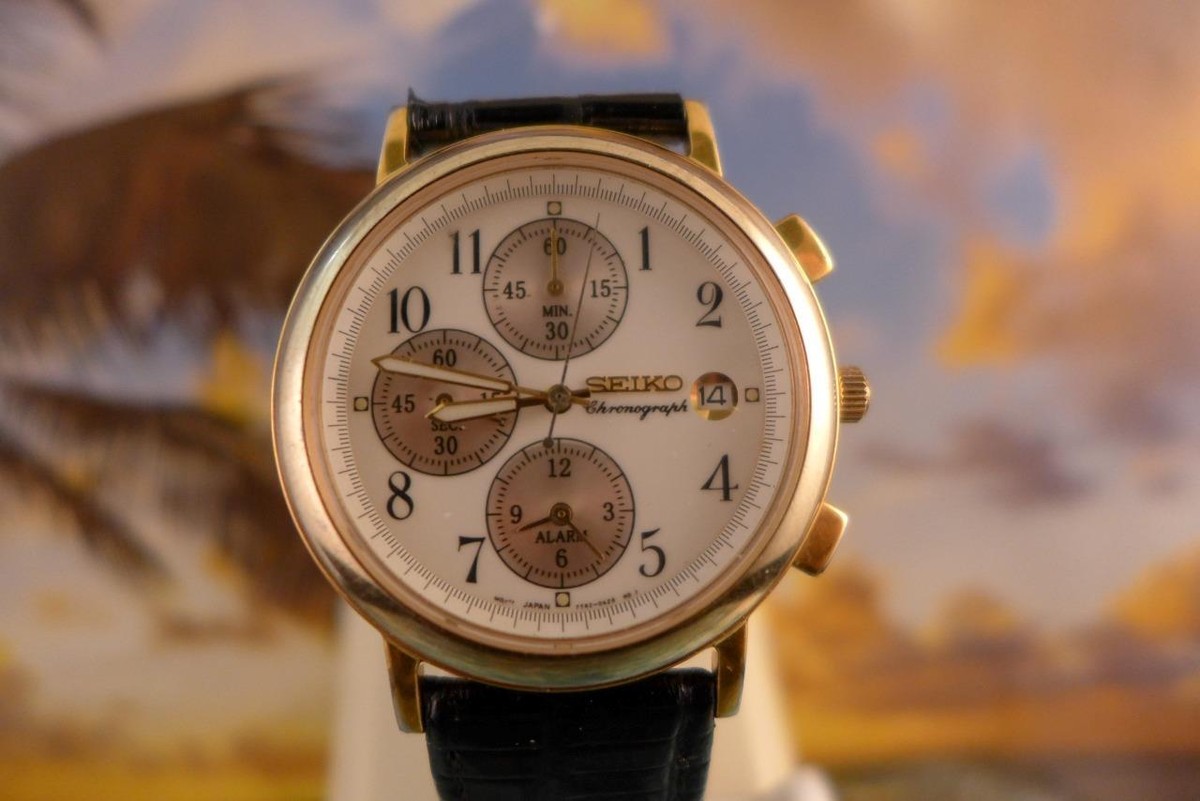 Classic 38mm Gold Plate Seiko Chronograph 7T62 0AY0 Quartz Mens