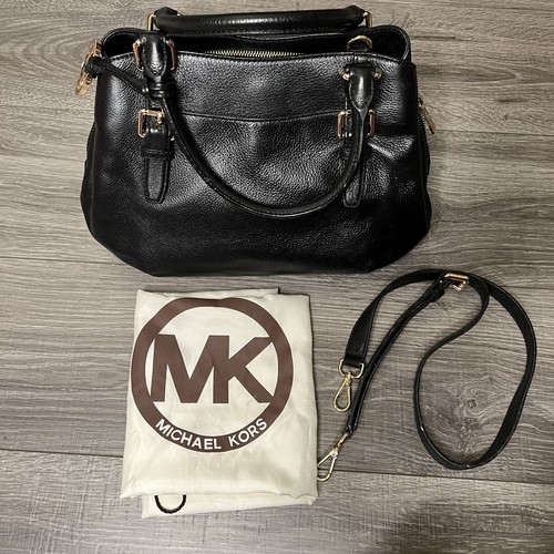 Michael Kors Womens Leather Handbag Black Double Handle Satchel Gold E 1308 - Picture 3 of 23