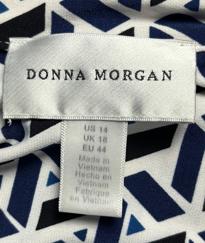 Donna Morgan Midi Dress Size 14 Tie Belt Artsy Geometric Blue Corpcore Workwear - Picture 5 of 7