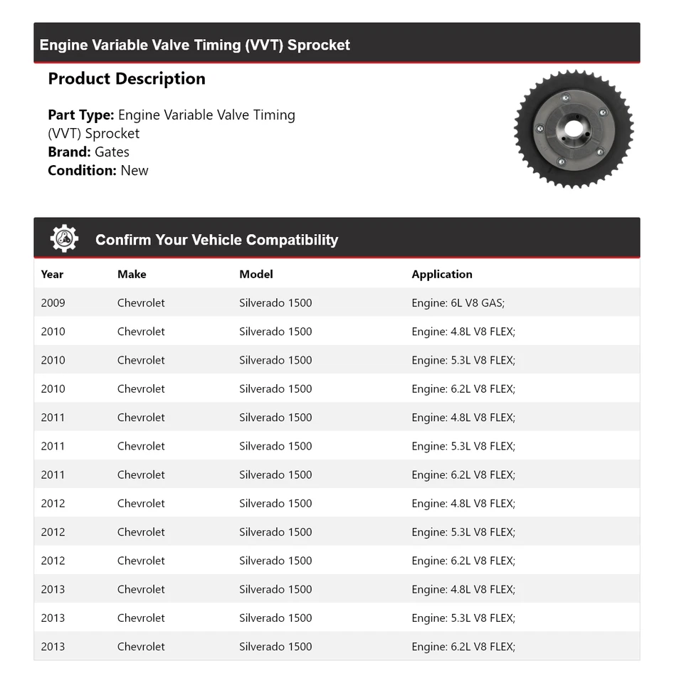 Ворота звездочки двигателя VVT для Chevrolet Silverado 1500 2009-2013 годов выпуска 2010 2011 2012 годов выпуска - Изображение 2 из 4