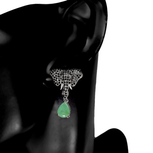 Silver Earrings Emerald Spinel Genuine Natural Gems Solid Sterling Elephant - Picture 8 of 24