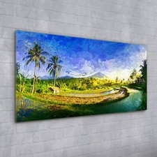 Acrylglasbild Wandbild Plexiglas 100x50 Kunst Bild Malerei Palmen Wasser Dorf