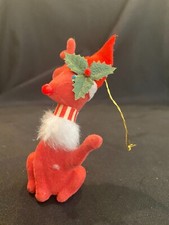 Vintage Red Flocked Reindeer Ornament missing one sticker eye 