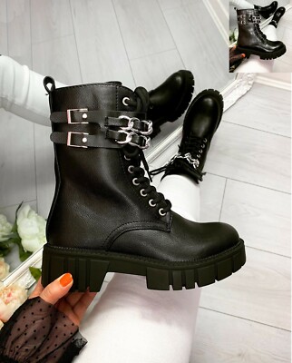 Damenschuhe Chelsea Kette Reißverschluss Punk flache Form Schnürung klobige  Absatzsohle