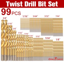 99PCS Drill Bit Set 1/16"-3/8" HSS Titanium Multi Drill Bits Twist Metal Tools