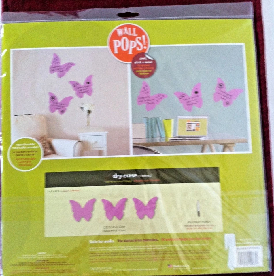 PKG of 3 LARGE WALL-POPS - 13" POP-ART BUTTERFLY Dry-Erase Msg Wall Decal - USA - Image 3 of 4