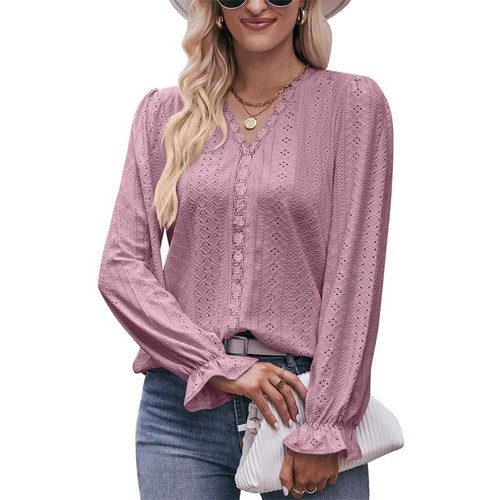 T-shirt Solid Color Hole Lace Women's Clothing V-neck Long Sleeve Top Fashion - Picture 21 of 23
