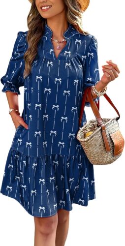 Summer Casual V-Neck Mini Dress Short Sleeve Flowy Ruffle Dress with Pockets