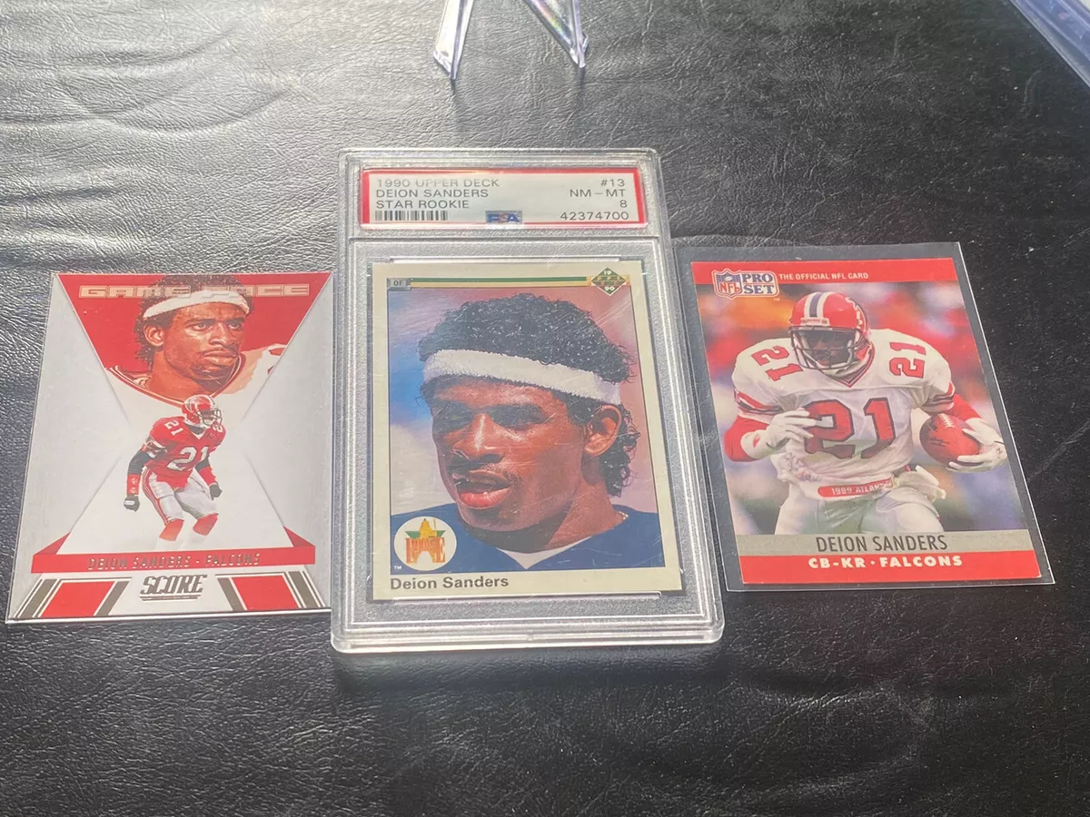 1990 UPPER DECK #13 DEION SANDERS STAR ROOKIE PSA8 With (2) More Cards Great Lot