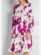 Oscar de la Renta Cyclamen-Print Long-Sleeve Silk Dress