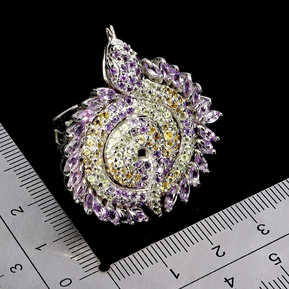 Anello In Argento Sterling 925 Con Gemme Di Amatista, Peridoto E Zaffiro 8 - Immagine 3 di 4