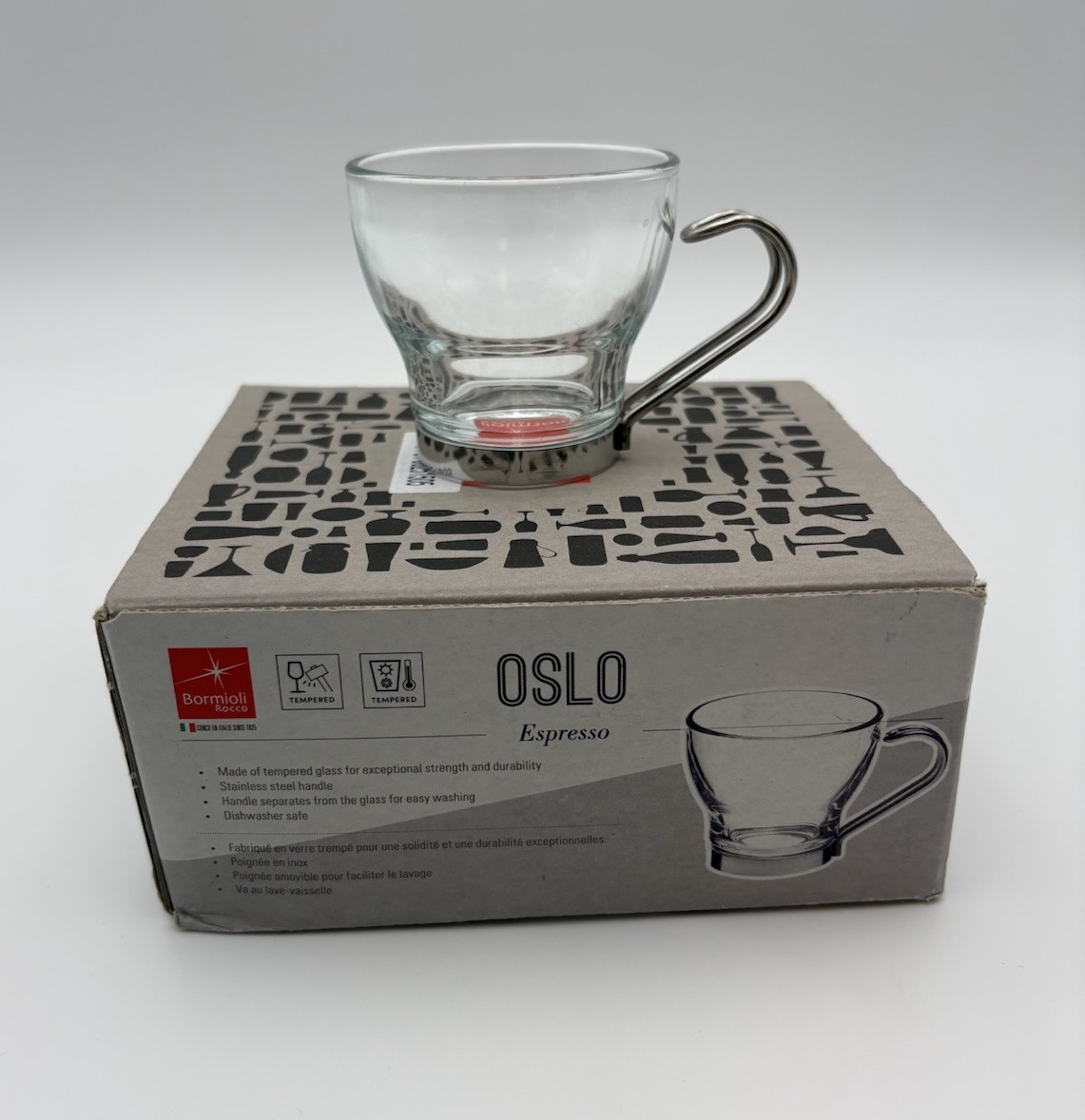 4 Bormioli Rocco Oslo Espresso Italian Glass Cups Stainless Steel Handles