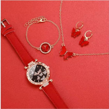 Women's Red Leather Quartz Watch & Butterfly Jewelry Set – 5 Pcs Rhinestone Gift