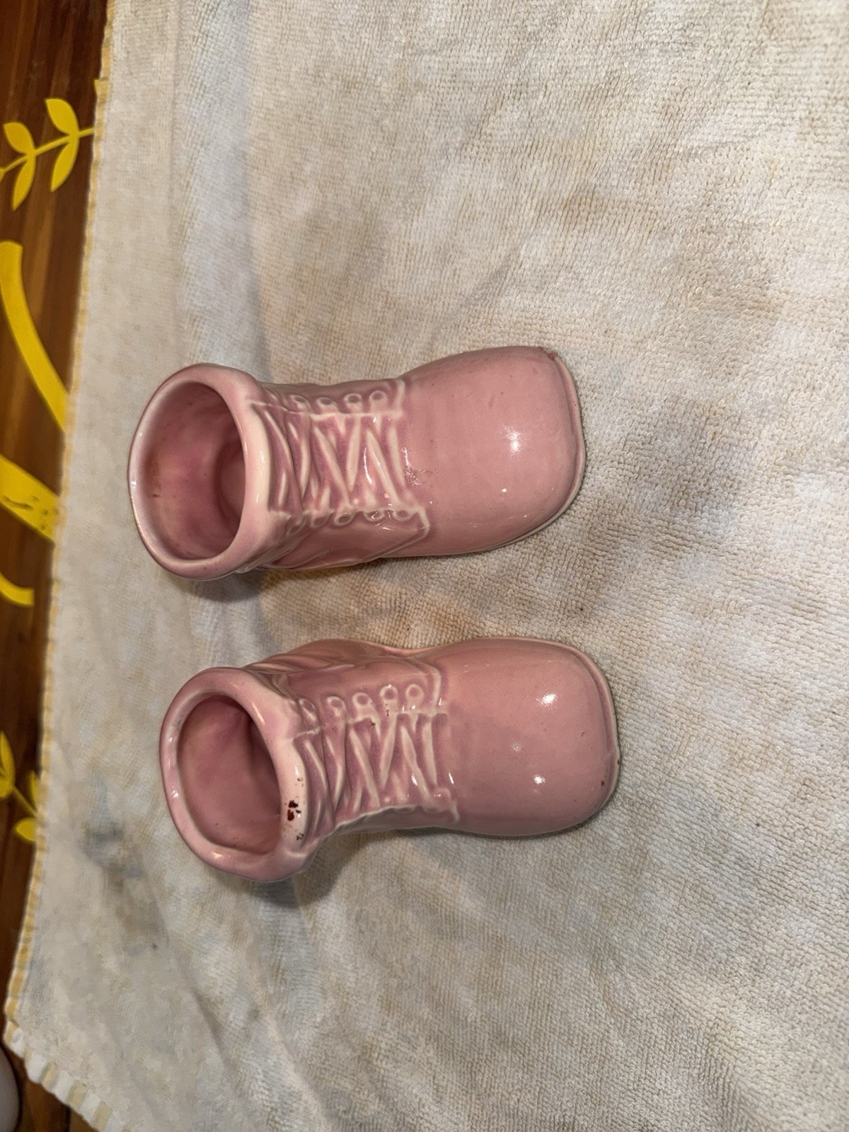 Vintage 1950&rsquo;s Ceramic Pink Baby Shoe Planter Set Of 2