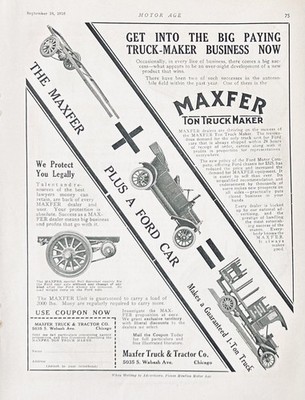 1916 Ad Maxfer Truck & Tractor Co Chicago 1 Ton Truck Maker For Ford Cars